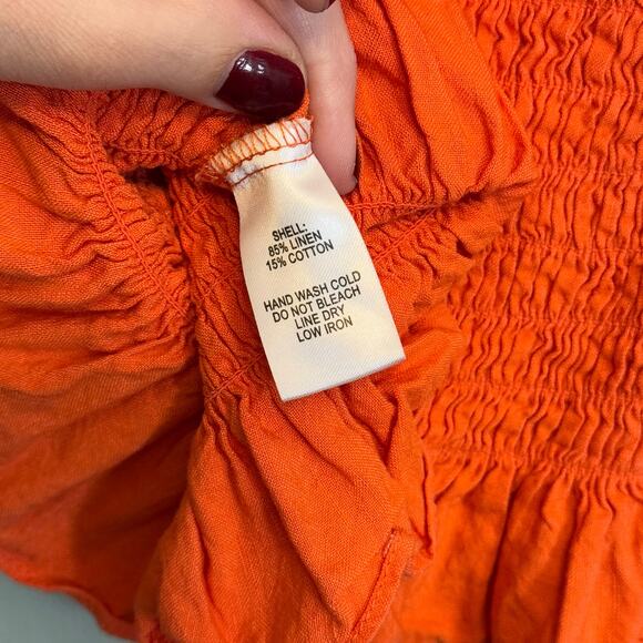 Lulus Cropped Top Womens S Orange Off Shoulder Wide Sleeves Smocked Linen Blend - Picture 7 of 7